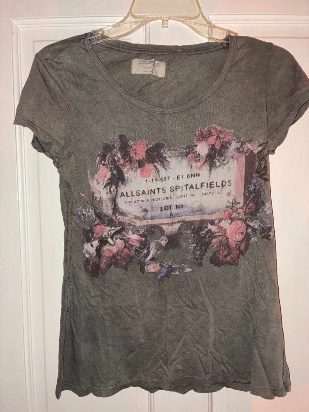 AllSaints Spitalfields Women’s UK 10 US 6 Gray Floral Graphic T-Shirt Tee
